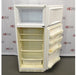 A front-angled view of a white Thermo Scientific 10FCEETSA flammable material combination refrigerator/freezer with both doors open, displaying the upper freezer compartment and the lower refrigerator interior with wire shelves, bottom storage bin, and door racks against an American Instrument Exchange backdrop.