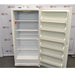 A full front view of an open white Thermo Scientific 3552-10A flammable material storage freezer, displaying the interior wire shelf compartments, bottom wire basket, and multiple door storage racks against an American Instrument Exchange backdrop.