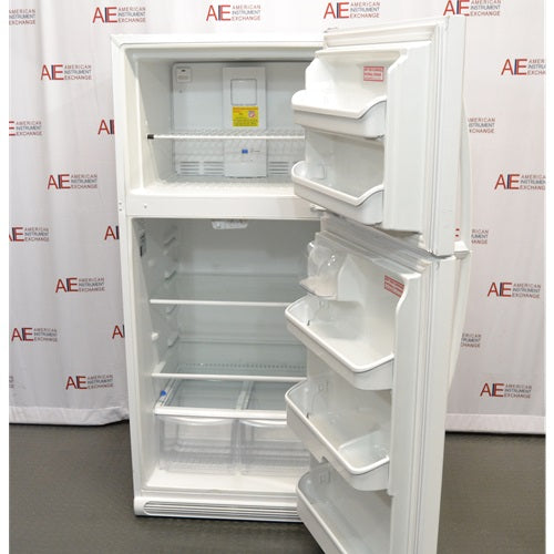 An open-door view of a white VWR general purpose laboratory refrigerator/freezer combo in front of an American Instrument Exchange backdrop, displaying the interior shelving, door bins, and bottom drawers in both the upper freezer and lower refrigerator compartments.