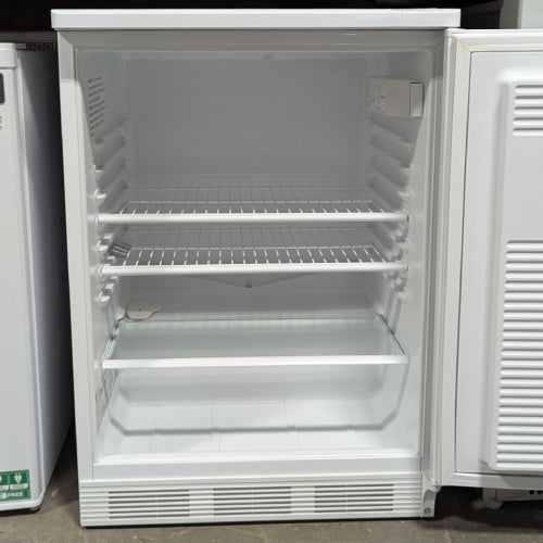 Open interior view of Fisherbrand Isotemp undercounter laboratory refrigerator Model GTFBV05RPSA with wire and glass shelves
