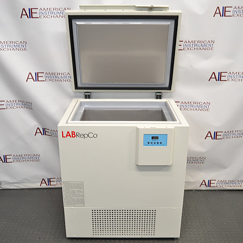 Open interior view of LabRepCo ultra-low chest freezer Model LSX 5ULT85 showing stainless steel lid lining and open chamber