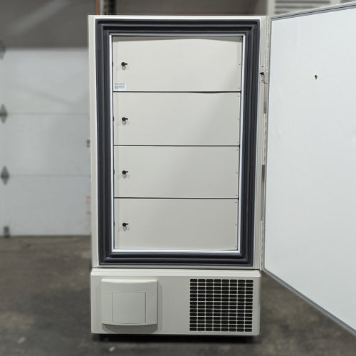 Open interior view of VWR40086A ultra-low temperature freezer showing four compartment doors and magnetic door gasket