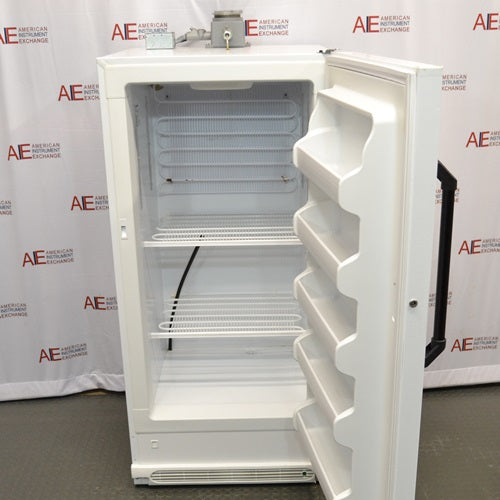 An open interior view of a VWR explosion-proof refrigerator available from American Instrument Exchange, showing the open door with integrated storage shelves, wire interior shelving, and inner chamber configuration.