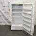 Open upright white VWR general purpose laboratory freezer showing interior wire shelves and door racks