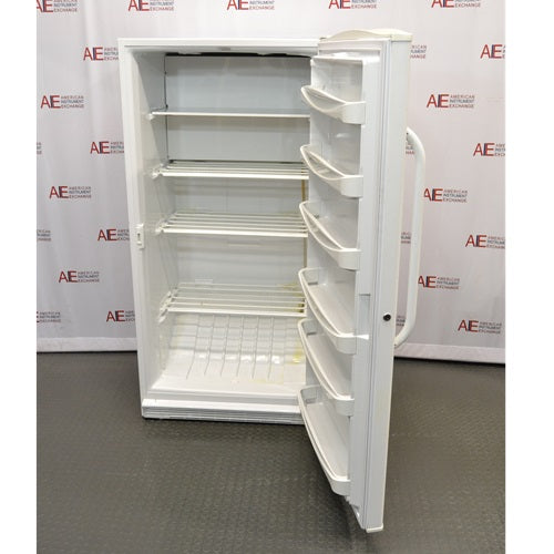 An open interior view of a VWR R421FA15 flammable material storage refrigerator available from American Instrument Exchange, showing the interior wire shelves and door storage bins.