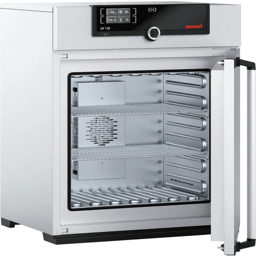 Open Memmert UF110 laboratory oven showing interior stainless steel chamber and SingleDISPLAY control panel
