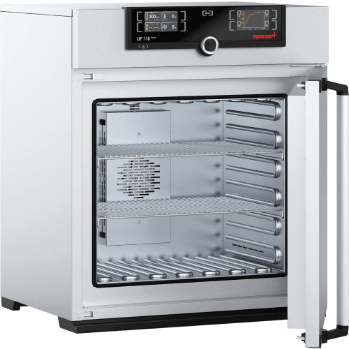 Open Memmert UF110plus laboratory oven showing interior stainless steel chamber and TwinDISPLAY control panel