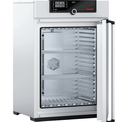Open Memmert UF160 laboratory oven showing interior stainless steel chamber and SingleDISPLAY control panel