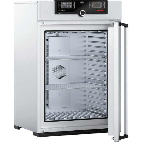 Open Memmert UF160plus laboratory oven showing interior stainless steel chamber and TwinDISPLAY control panel