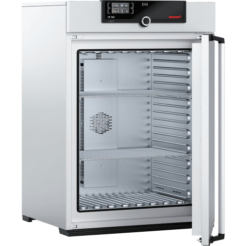Open Memmert UF260 laboratory oven showing interior stainless steel chamber and SingleDISPLAY control panel