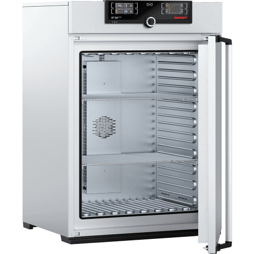 Open Memmert UF260plus laboratory oven showing interior stainless steel chamber and TwinDISPLAY control panel