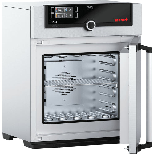 Open Memmert UF30 laboratory oven showing interior stainless steel chamber and SingleDISPLAY control panel