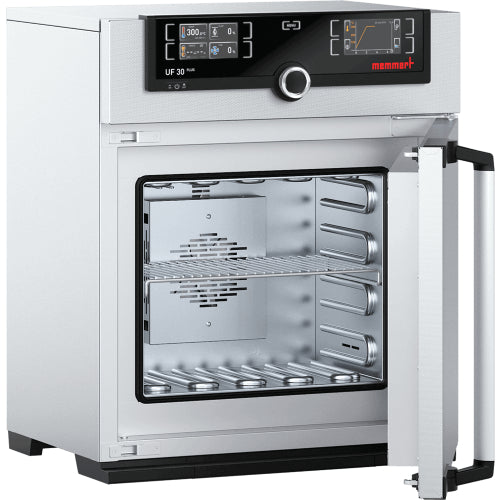 Open Memmert UF30plus laboratory oven showing interior stainless steel chamber and TwinDISPLAY control panel