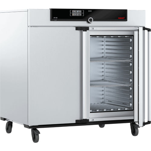 Open Memmert UF450 laboratory oven showing interior stainless steel chamber and SingleDISPLAY control panel