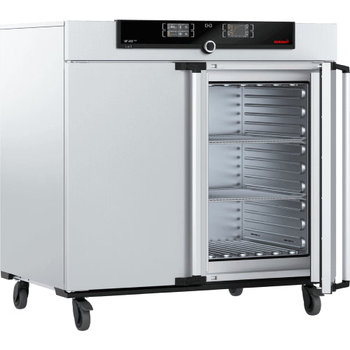Open Memmert UF450plus laboratory oven showing interior stainless steel chamber and wire shelves