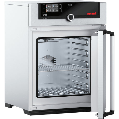 Open Memmert UF55 laboratory oven showing interior stainless steel chamber and SingleDISPLAY control panel