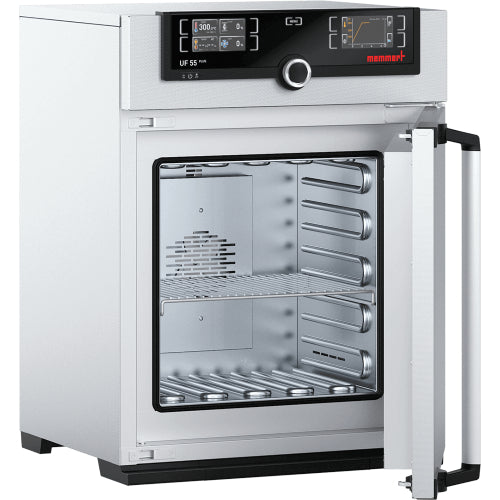 Open Memmert UF55plus laboratory oven showing interior stainless steel chamber and TwinDISPLAY control panel