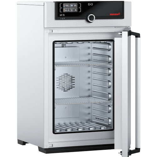 Open Memmert UF75 laboratory oven showing interior stainless steel chamber and SingleDISPLAY control panel