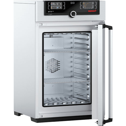Open Memmert UF75plus laboratory oven showing interior stainless steel chamber and TwinDISPLAY control panel