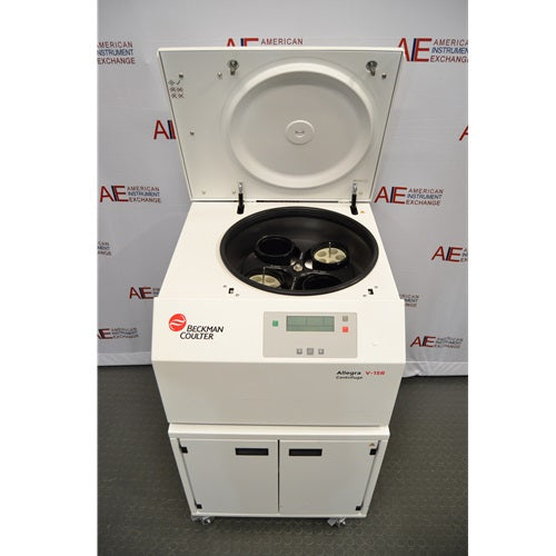 An open rotor chamber view of a Beckman Coulter Allegra V-15R refrigerated benchtop centrifuge system available from American Instrument Exchange, showing the open lid and the internal rotor buckets loaded on the mobile cart.