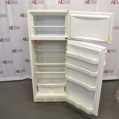 An open front-facing view of a VWR explosion-proof refrigerator/freezer combination unit, showing internal wire shelving, door storage bins, a bottom crisper drawer, and the open freezer compartment.