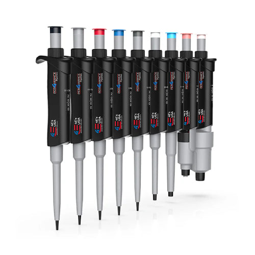 An adjustable pipette with a black body, beige cap, and a label with '4E's USA' branding.