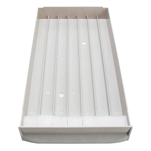 Grey plastic gravity feed pusher tray with multiple lanes and foam stops on a white background.