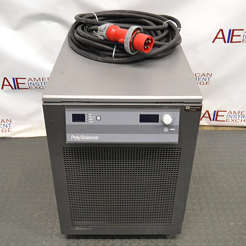 A PolyScience high-capacity recirculating chiller, with a digital display and control panel, in a laboratory setting.