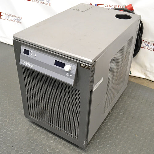 A PolyScience high-capacity recirculating chiller, with a digital display and control panel, in a laboratory setting.