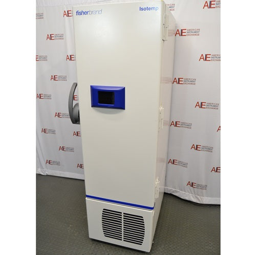 A right-side angled view of the white Fisherbrand Isotemp ultra-low temperature freezer, highlighting the blue control panel and front grille against an American Instrument Exchange backdrop.