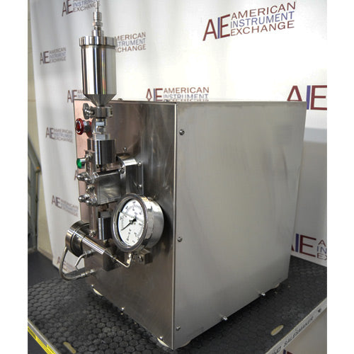 Right-side angled view of Avestin EmulsiFlex-C3 high-pressure homogenizer showing side housing panel and front gauge assembly