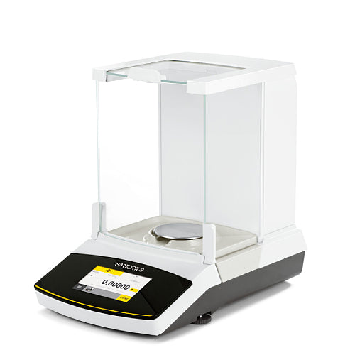 Angled view of a Sartorius Secura 120 analytical balance showing the digital touchscreen display, white housing, and enclosed glass draft shield chamber with weighing pan.