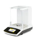 Angled view of a Sartorius Secura 120 analytical balance showing the digital touchscreen display, white housing, and enclosed glass draft shield chamber with weighing pan.