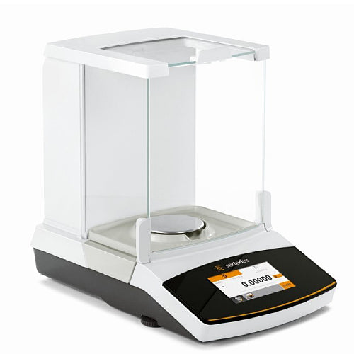 Angled view of a Sartorius Secura SECURA125-1S semi-micro balance showing the front color touchscreen display, white housing, and enclosed glass draft shield chamber with interior weighing pan.
