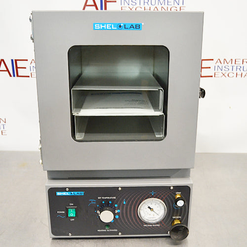 Front view of Shel-Lab SVAC1E vacuum oven with viewing window and lower control panel