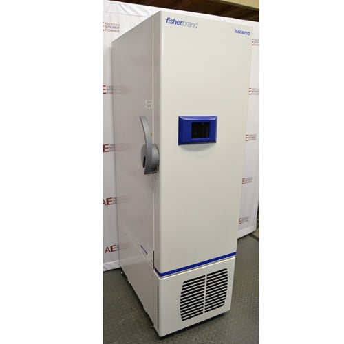 A side-angle view of the white Fisherbrand Isotemp ultra-low temperature freezer showing the handle and blue control panel, positioned in front of an American Instrument Exchange backdrop.