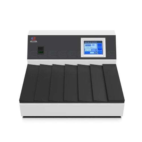 4E's USA Slide Dryer, a laboratory device used for drying slides, with a digital touchscreen and angled slide storage.