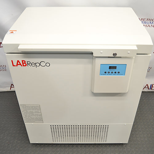 Slight high-angle front view of LabRepCo ultra-low chest freezer Model LSX 5ULT85 showing top lid handle and control module
