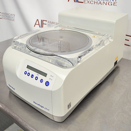 Slight high-angle left view of Eppendorf Vacufuge Plus 5305 centrifugal vacuum concentrator showing control panel and top lid
