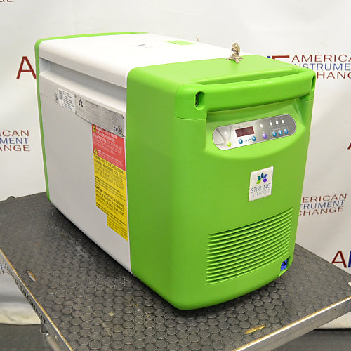 Front view of a Stirling ULT25NEU portable ultralow freezer on a textured surface with a vibrant green and white housing, control panel, and Stirling Ultracold logo.