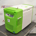 Front view of a Stirling ULT25NEU portable ultralow freezer on a textured surface with a vibrant green and white housing, control panel, and Stirling Ultracold logo.