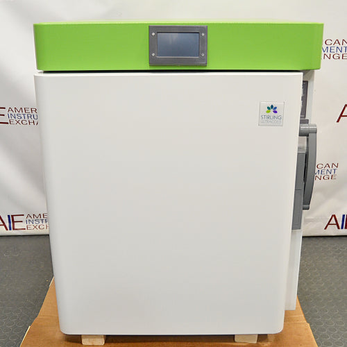 Front-facing studio view of a Stirling Ultracold SU105UE undercounter ultralow freezer featuring a white body, green top bezel with a digital display, and Stirling Ultracold branding.
