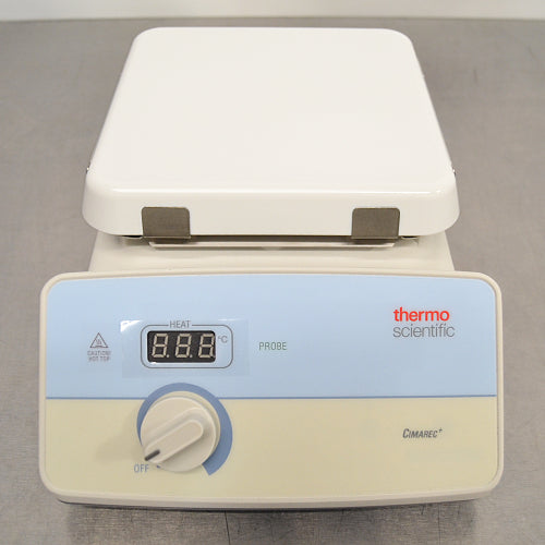 Straight-on studio view of a Thermo Scientific Cimarec+ laboratory hot plate featuring a white ceramic top plate, an angled front control panel with a digital heat LED display, a rotary control knob, and Thermo Scientific branding