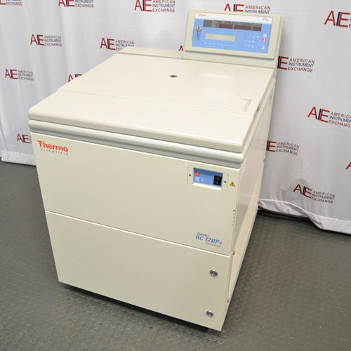 An alternative angled closed view of a Thermo Scientific Sorvall RC12BP Plus large capacity centrifuge, showing its closed lid, floor-standing cabinet, and top-mounted control panel console.