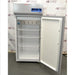 An open Thermo Scientific brand upright laboratory freezer with four wire shelves inside.