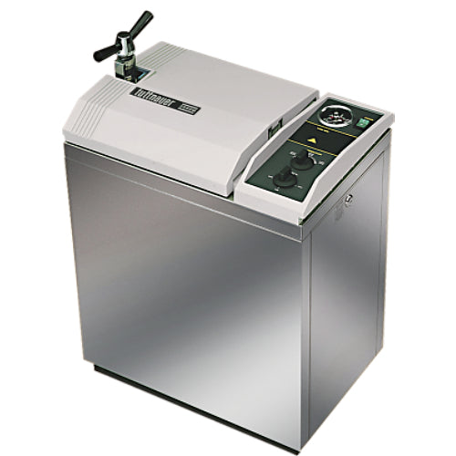 Tuttnauer 3870 MLV 85L Vertical Top-Loading Autoclave, stainless steel construction, with control panel and pressure gauge.