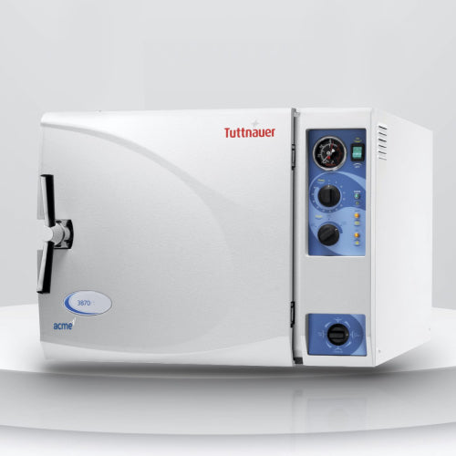 Tuttnauer semi-automatic benchtop autoclave, white with control panel on the front.