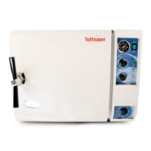 Tuttnauer semi-automatic benchtop autoclave, white with control panel on the front.