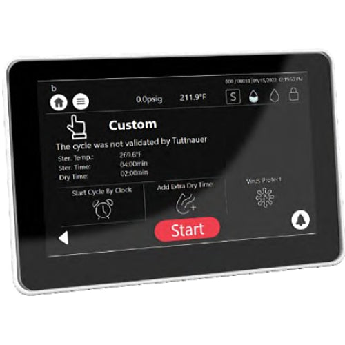 Close-up view of the digital touchscreen display on a Tuttnauer autoclave showing custom sterilization cycle settings and start menu.