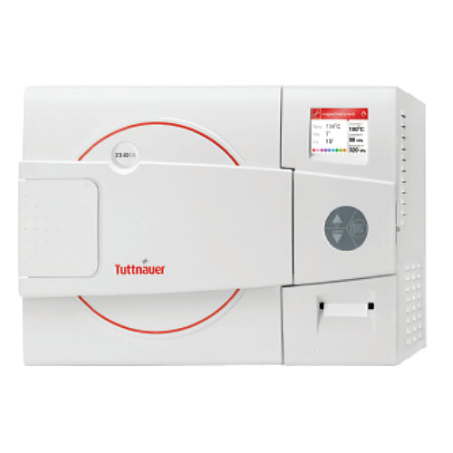 Tuttnauer D-Line 2340EKA 19.8L tabletop autoclave machine, predominantly white with red accents, including a visible control panel and branding.
